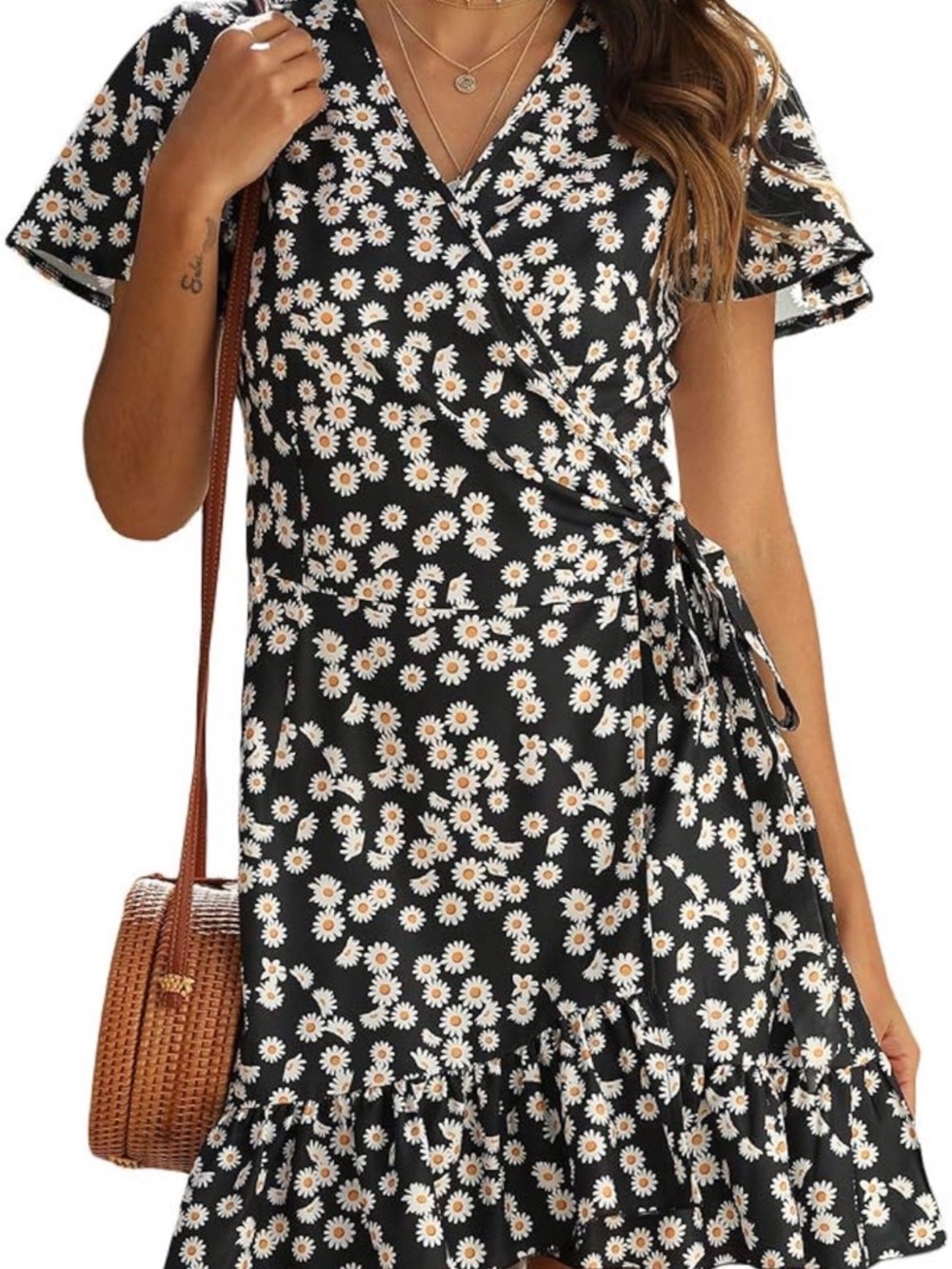Daisy Print Black Wrap Mini Dress